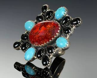 Monumental STERLING Silver Amber Turquoise Onyx Studio Ring, Adjustable Sz 8-12