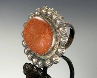 Monumental Sterling Silver Goldstone Ring, Adjustable Size 8-12, Artisan
