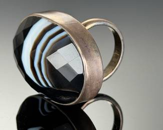 Monumental Sterling Silver Custom Studio Ring with Faceted Banded Agate, Size 6.5
