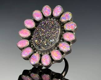 Sterling SILVER Monumental DRUZY & LAB_CREATED Opal Studio RING< SIZE *_!@ Adj.
