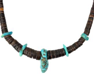 Vintage Native American Heishi Bead & Turquoise Graduated Chunky NEcklace