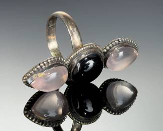 Sterling Silver Artisan Adjustable Ring | Rose Quartz Black Onyx Gemstone