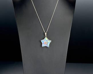 Sterling Silver Star Pendant Necklace, Artisan Made, Iridescent Art Glass, Italy 925