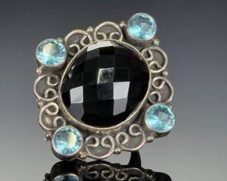 Monumental Sterling Silver Studio Artist CUSTOM Ring w/ FACETED Onyx & Blue TOPAZ