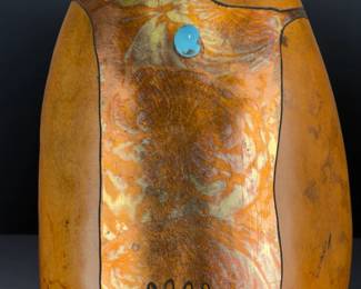 MAC Signed Gourd Art Sculpture, Figural Design, Turquoise Accent, 1999