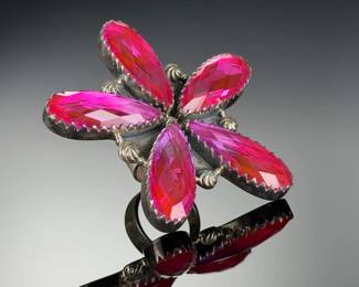 Monumental STERLING Silver ARTISAN Ring, FACETED PINK Crystal Elements, Size 8-12