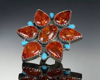Monumental Sterling Silver Amber Turquoise Ring, Studio Artisan Made