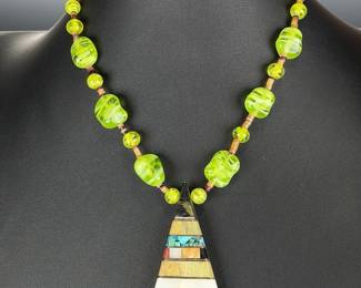 Multistone inlay Pyramid PENDANT Necklace, ARTIST MADE< STATEMENT JEWELRY