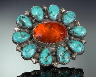 MONUMENTAL Sterling Silver Turquoise Amber Ring Adjustable Studio Artist