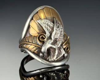 Sterling Silver Gold Plated Eagle Ring, Southwest Style, Signed R