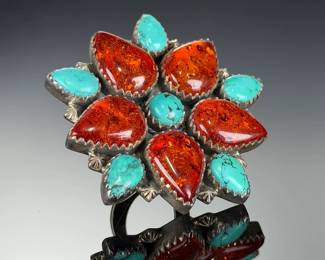 Monumental Sterling SILVER STUDIO ARTIST Ring, Amber & Turquoise, Size 8-12