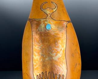 MAC Signed Gourd Art Sculpture, Figural Design, Turquoise Accent, 1999