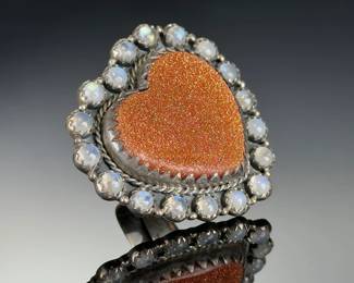 Sterling SILVER Heart Goldstone MOONSTONE Ring, ADJUSTABLE< Monumental, Artist Made