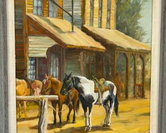 Western Oil Painting, Darrell M Hill, Saloon Scene with Horses, Original Art