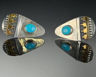 Thomas Singer Navajo SILVER Gold Overlay Turquoise CLIP_On EARRINGS NATIVE AMERICAN