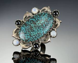 Monumental Sterling Silver Ring, Adjustable, Turquoise, Moonstone, Onyx, Studio