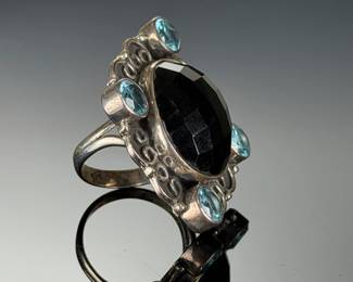 Monumental STERLING SILVER Studio ARTIST CUSTOM Ring w/ Faceted Onyx & BLUE Topaz