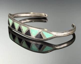 VINTAGE Native American Turquoise Onyx Inlay Cuff Bracelet Southwest Jewelry
