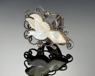 VINTAGE Silver Carved Mother of Pearl Dove Ring, Ornate Filigree