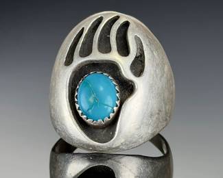 Native American Vintage Sterling Silver Turquoise BEAR Paw Ring SIZE !)>%