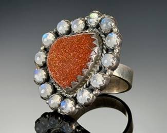 Sterling SILVER Adjustable GOLDSTONE HEART & Moonstone STUDIO Ring