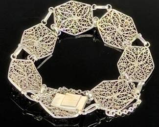 Vintage Sterling Silver Filigree hEXAGONAL Link Bracelet 925