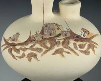 Native American Signed Double Spout Pottery Vessel, Studio Art Pot