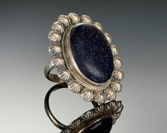 Monumental. SterlingSilver Blue Goldstone Ring, Studio Artist MADE< Adjustable