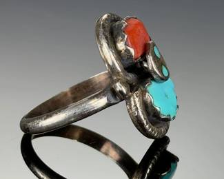 ZUNI Effie Calavaza Silver Turquoise Coral Snake Eye Ring Native American Size 7.75