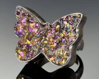 Sterling Silver TITANIUM Aura DRUZY BUtterfly Ring, Custom, Sz 7.25