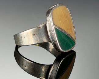 Sterling Silver ASI Malachite Jasper Inlay Ring Vintage Size 9