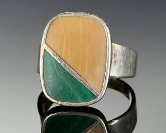 Sterling Silver ASI Malachite Jasper Inlay Ring Vintage Size 9