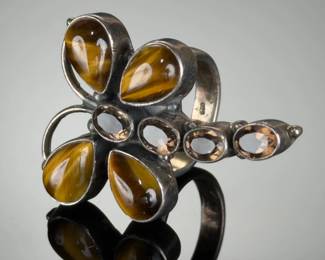 925 STERLING Silver Artisan Dragonfly Ring w/ TIGER"S EYE & Smoky QUARTZ Sz 8