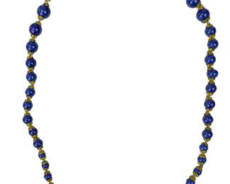 Vintage Graduated Cobalt Blue Art Glass Bead Necklace, Gold Tone Caps