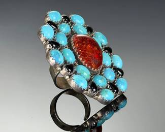 Monumental Sterling SILVER STUDIO Ring, Adjustable, Amber Turquoise Onyx