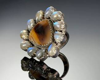 Sterling Silver HANDMADE Studio Ring w/ Agate & Labradorite, Adjustable
