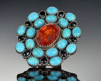 Monumental STERLING Silver sTUDIO Ring, Adjustable, Amber Turquoise Onyx