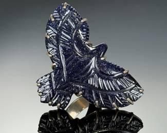 Monumental Sterling Silver Eagle Ring, STUDIO Artist Carved BLUE Goldstone