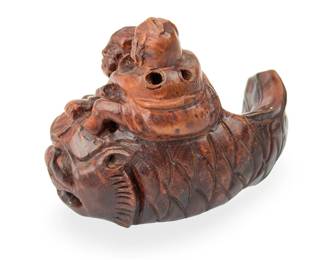 Antique Japanese Figural Burl Wood NETSUKE: Two Men Riding Fish CARVING