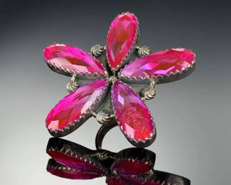 Monumental Sterling Silver Artisan Ring, Faceted Pink Crystal Elements, Size 8-12