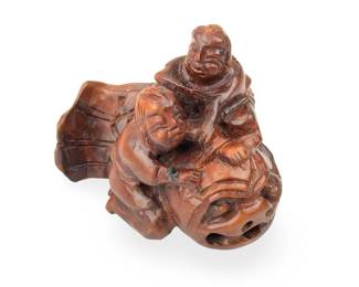 ANTIQUE JAPANESE FIGURAL BURL Wood Netsuke: Two Men Riding Fish Carving