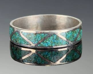Vintage Native American Silver & Turquoise Chip Inlay Band Ring