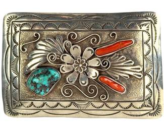 NAVAJO Sterling Silver Turquoise Coral Belt Buckle Signed DO Vintage Native American
