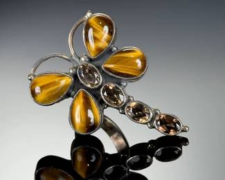925 Sterling silver Artisan Dragonfly Ring w/ Tiger's Eye & Smoky Quartz Sz 8