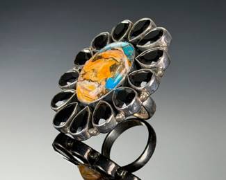 Monumental Sterling Silver Turquoise Spiny OYSTER Onyx RING< STUDIO ARTIST
