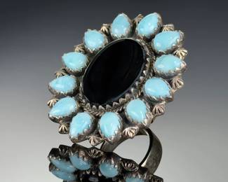 Monumental Sterling Silver Larimar & Black Onyx Cluster Ring, Adjustable SIZE