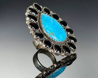 Monumental Sterling SILVER TURQUOISE & onyx Cluster RING< ADJUSTABLE SIZE