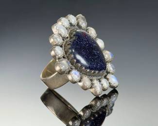 Sterling Silver Moonstone Blue Goldstone Heart Ring Adjustable 925 Studio Artist Made