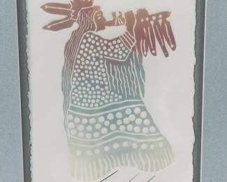 king Kuka Signed "Flute Player" Embossed Lithograph Framed Art Print