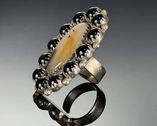 Monumental Sterling Silver Dendritic Agate Black Onyx Adjustable Ring